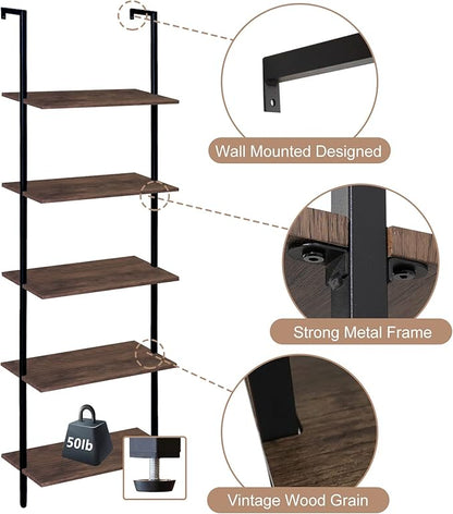 5 Tiers Ladder Shelf Brown Modern Bookshelf Open Tall Wall Mount Bookcase Standing Leaning Wall Shelves Industrial Decorative Living Room Bed Room