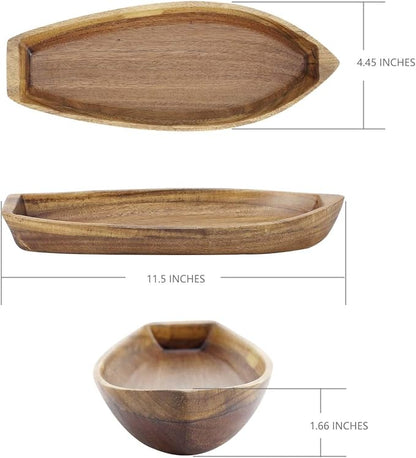 Lucky Boat Serving Tray, Acacia Solid Wood Boat Shape Plate for Serving Desserts, Fruit, Snack and Seafood or House Ornament,Key Tray,Functional and Storage Decorative Bowl。 (S)