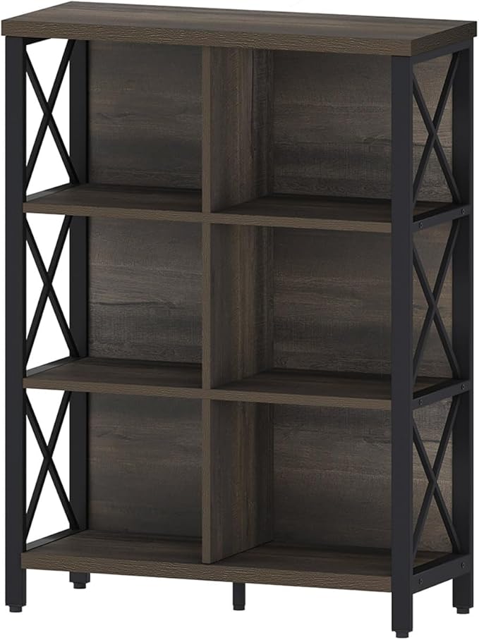 FATORRI 6 Cube Storage Organizer Shelf, Rustic Wood and Metal Cubby Bookcase, Industrial 4 Tier Cube Bookshelf (Walnut Brown)