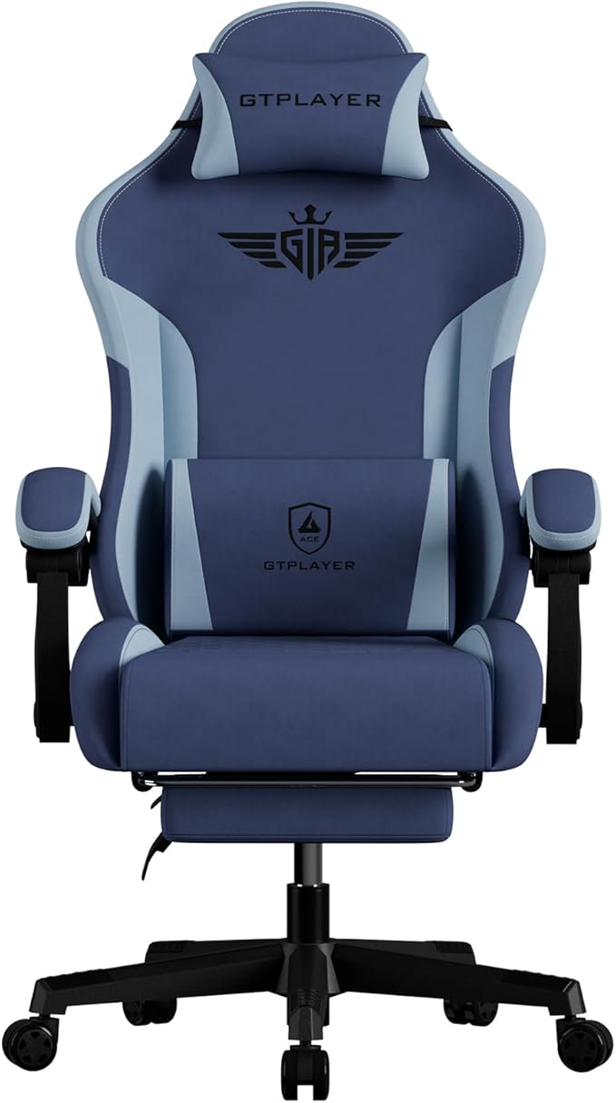 GTPLAYER Gaming Chair Fabric with Footrest, Big and Tall Game Chair High Back Computer Office Chair with Lumbar Support for Adults, Ergonomic Swivel Games Chair with Cushion Gaming Dark Blue