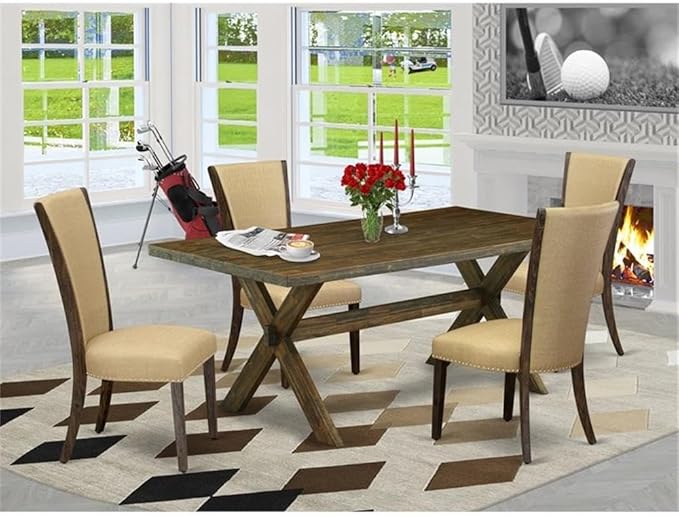 East West Furniture X777VE703-5 5 Piece Dining Set Includes a Rectangle Dining Room Table with X-Legs and 4 Brown Linen Fabric Upholstered Parson Chairs, 40x72 Inch, Multi-Color