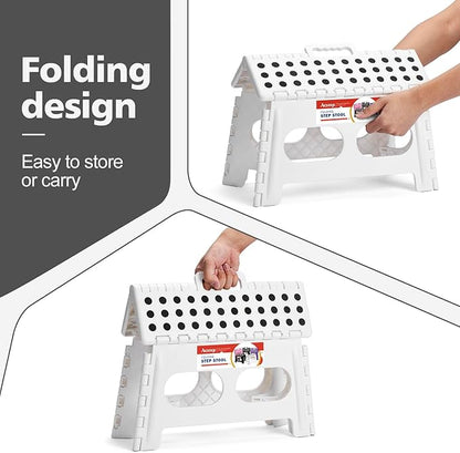 ACSTEP Folding Step Stool 9 Inch,15-Inch Extra Wide Heavy Duty Stepping Stool More Safe and Comfortable Non Slip Foldable Step Stool for Kids and Adults White