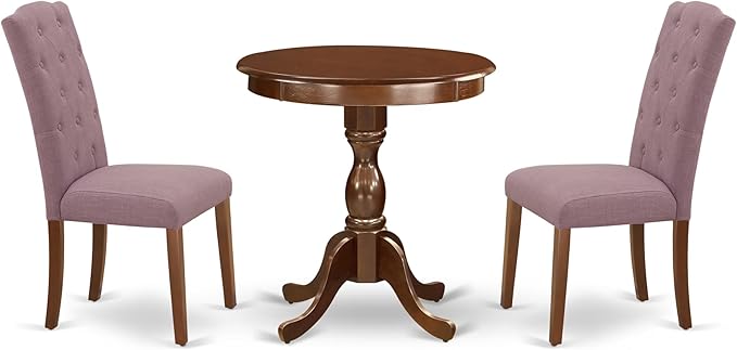 East West Furniture ESCE3-MAH-10 3 Piece Kitchen Table Set Contains a Round Dining Room Table with Pedestal and 2 Dahlia Linen Fabric Parsons Dining Chairs, 30x30 Inch, Mahogany