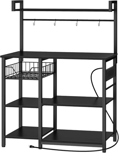 HOOBRO Kitchen Bakers Rack with Power Outlet, Coffee Bar, Microwave Oven Stand with Mesh Basket, Coffee Station with 4 S-Shaped Hook, Kitchen Shelf, for Dining Room, Living Room, Black BB05HB01