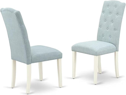 East West Furniture V027CE215-9 9 Piece Dining Table Set Includes a Rectangle Dining Room Table with V-Legs and 8 Baby Blue Linen Fabric Upholstered Chairs, 40x72 Inch, Multi-Color