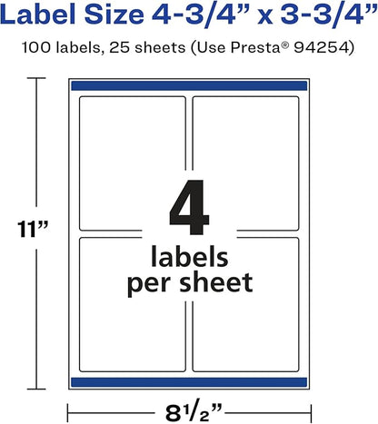 Avery Glossy White Rectangle Labels, Sure Feed Technology, 4.75" x 3.75", 100 Glossy White Labels, Print-to-The-Edge, Permanent Adhesive, Laser/Inkjet Printable