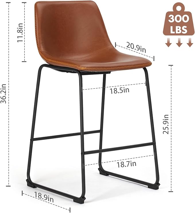 DUMOS 26 Inch Counter Height Bar Stools Set of 2, Modern Faux Leather High Barstools with Back and Metal Leg, Bar Chairs for Kitchen lsland, Elegant Brown