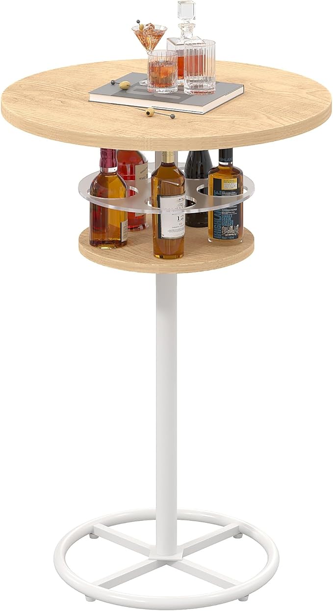 VECELO 36” High Top Bar Table, Sturdy Frame with Metal Base for Cocktail, Pub, Easy Assembly, Oak