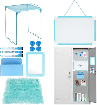 12 Pcs Locker Organizer and Decorating Kit, First Day of School Essentials for Girl Marble Print Whiteboard with Markers Locker Shelf Plush Area Rug String Light Mirror Magnetic Cup and Magnet (Blue)