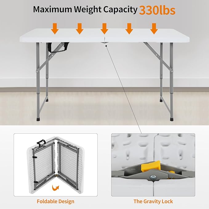 BestOffice Camping Folding 4 Foot Plastic Table, White