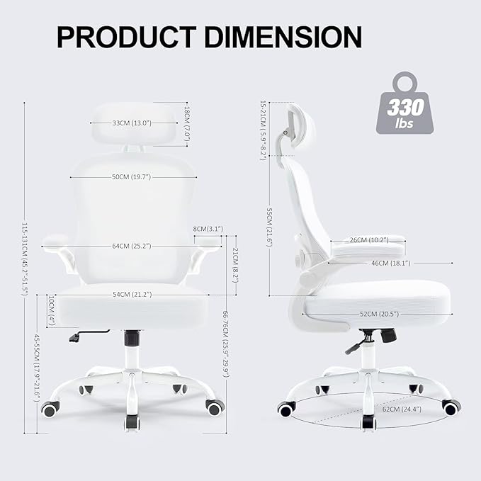 Ergonomic Office Chair,Ultra Thick Office Desk Chair with Adjustable Lumbar Support and Headrest,Spring Cushion,Rocking Function,Flip-up arms,Mesh Computer Chair for Home Office,White
