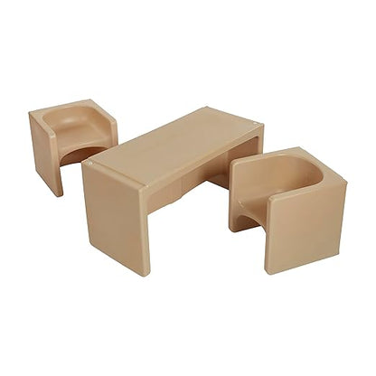 ECR4Kids Tri-Me Table and Cube Chair Set, Multipurpose Furniture, Sand, 3-Piece