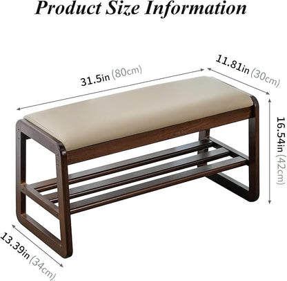 Shoe Bench, Entryway Bench with Leather Cushion, Solid Wood Shoe Rack, Mid Century Modern Bench, Shoe Storage, Shoe Organizer for Entryway (Green, 31.5" W)