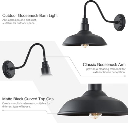 14 Inch Outdoor Gooseneck Light Fixture for Porch, 2 Pack Large Exterior Barn Lights for Farmhouse, Black Outside Wall Sconce for Porch Patio Garage