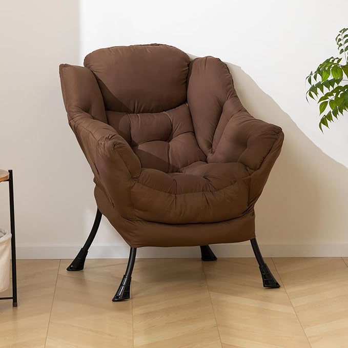 HollyHOME Fabric Lazy Chair with Foldable Ottoman, Accent Comfy Lounge Arm Chair and Folding Footrest Stool Set, Leisure Sofa Reading Chair and Footstool for Living Room, Bedroom, Dorm, Coffee Brown