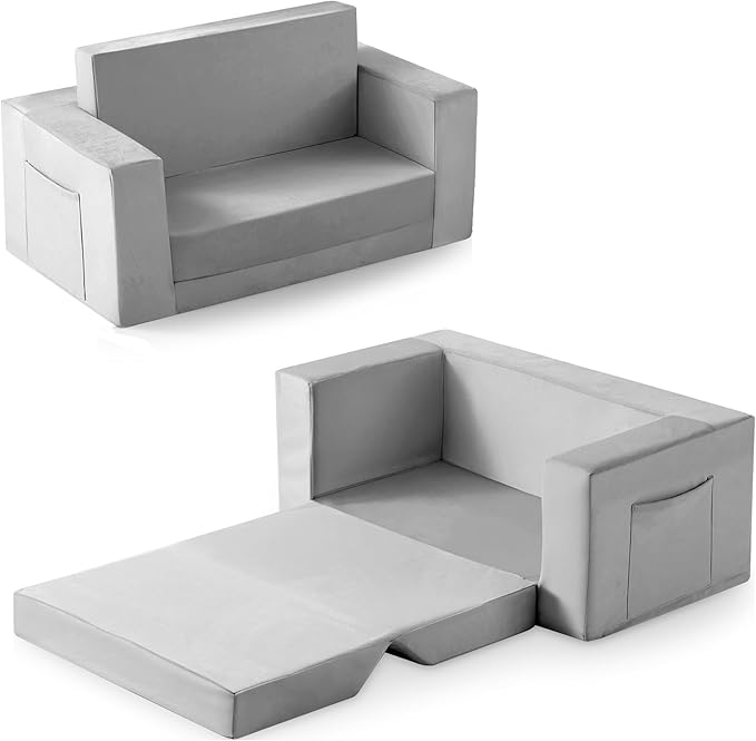 Kids Couch, 2-in-1 Toddler Chair Comfy 1-3 Years, Convertible Kids Chair, Toddler Couch That Fold Out, Kid Lounge Chairs for Boys and Girls, Soft Coral Fleece, Double, Grey