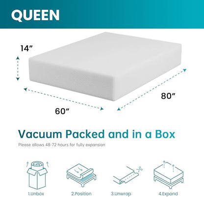 FDW | 14 Inch Queen Mattress | Medium Firm | Gel Memory Foam Mattress | White | Bed in a Box, CertiPUR-US Certified | Pressure Relief, Cooling Ventilated Foam | Washable Removable Cover