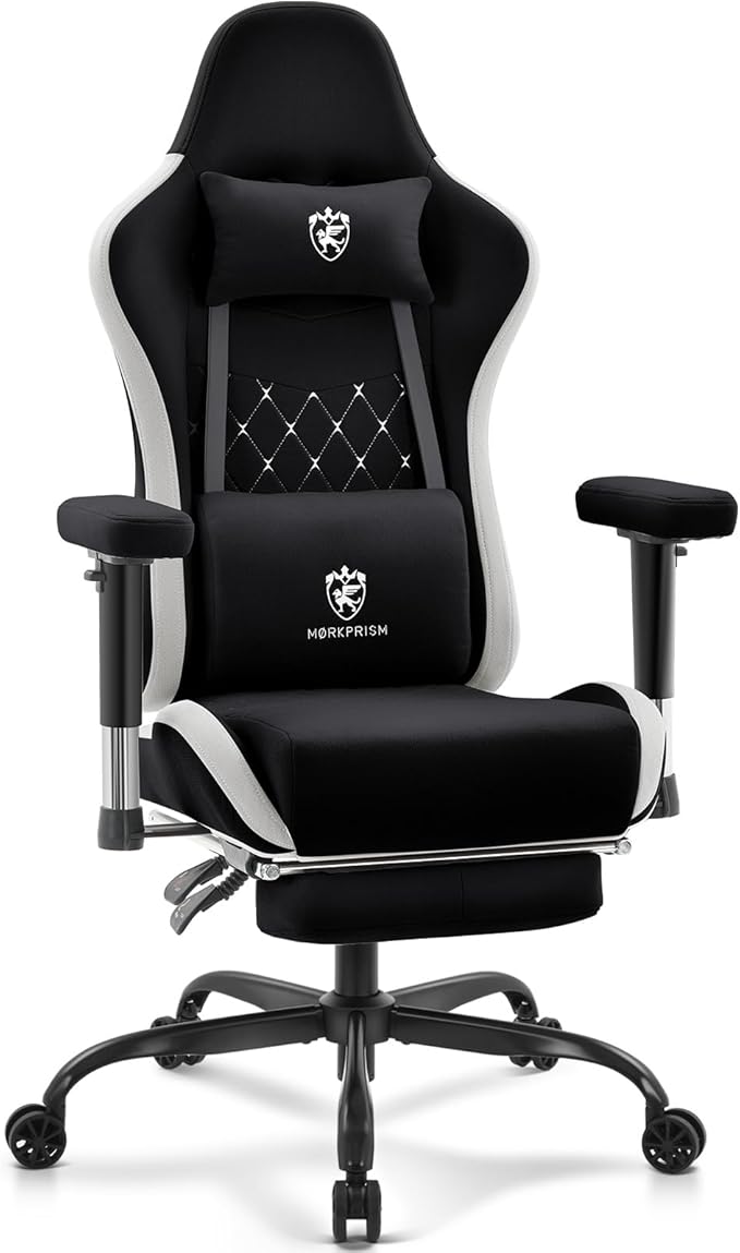 Gaming Chair Breathable Fabric,Computer Office Chair with Footrest,Massage Lumbar Support and Gel Pad,Ergonomic Reclining Gamer Chair with Adjustable Armrests and Spring Cushion Black Grey