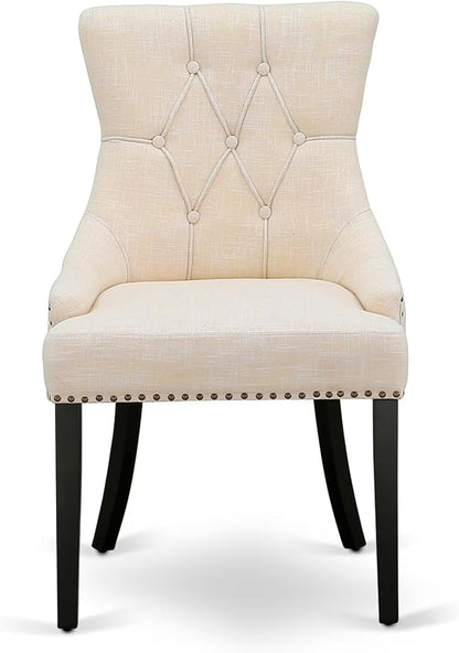 East West Furniture V696FR102-7 7 Piece Dinette Set Consist of a Rectangle Dining Room Table with V-Legs and 6 Light Beige Linen Fabric Upholstered Parson Chairs, 36x60 Inch, Multi-Color