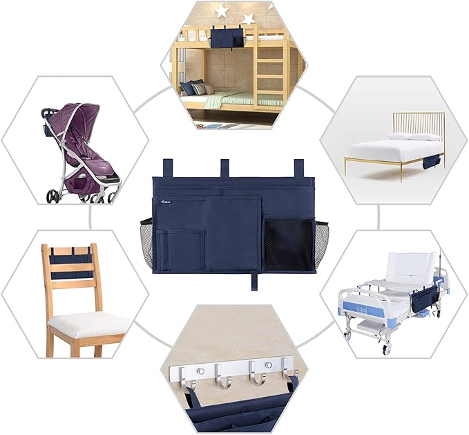 Surblue Caddy Hanging Organizer Bedside Storage Bag for Bunk and Hospital Beds, Blue, L