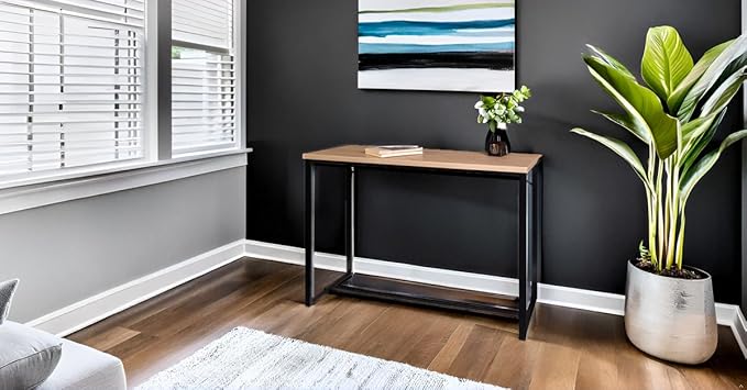 AC Pacific Bali Coastal Modern Narrow Console Table for Entryway, Hallway Decor, and Small Spaces, Compact Living Room Furniture with Natural Wood Top and Black Metal Legs, 39" Long