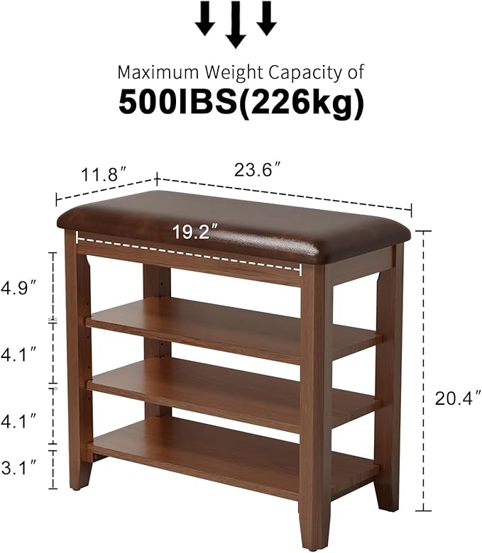 Shoe Bench with Leather Cushion, 3 Tiers Shoe Storage Bench Height Adjustable, Walnut Wood Entryway Bench for Hallway, Mudroom