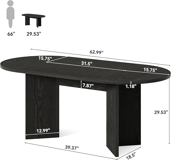 LITTLE TREE 63" Rustic Oval Dining Table for 4-6, Sturdy MDF Farmhouse Kitchen Table with Metal Strip Base, for Living Room, Office, Restaurant, Multi-Use, Black