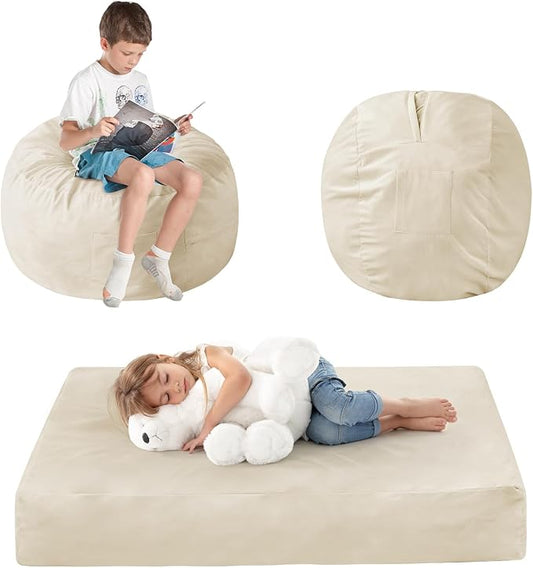 Kids Bean Bag Chair Bed - Convertible Lazy Chair to Floor Mattress with Filler - Small Beanbag Chair for Boys and Girls - Floor Couch Sofa in Bedroom, Classroom, Reading Nook - Beige
