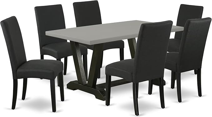East West Furniture V696DR124-7 7 Piece Dining Table Set Consist of a Rectangle Dining Room Table with V-Legs and 6 Black Color Linen Fabric Upholstered Chairs, 36x60 Inch, Multi-Color
