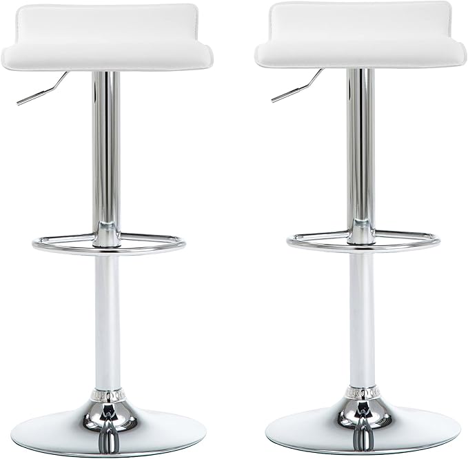 NOBPEINT Contemporary Chrome Air Lift Adjustable Swivel Bar Stool, Set of 2, White