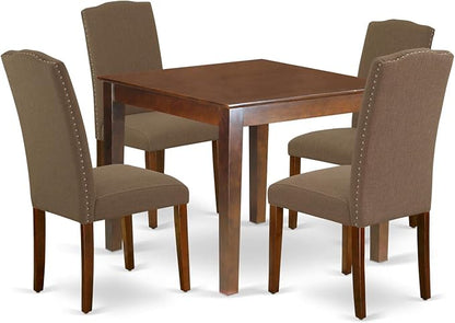 East West Furniture OXEN5-MAH-18 5 Piece Dinette Set for 4 Includes a Square Dining Room Table and 4 Dark Coffee Linen Fabric Parson Dining Chairs, 36x36 Inch, Mahogany