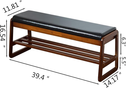 Solid Wood Shoe Bench, 2-Tier Entryway Bench with Cushion and Flip-Open Storage Box, Mid-Century Modern Shoe Bench Rack for Hallway, Mudroom(Black, 39.4'')