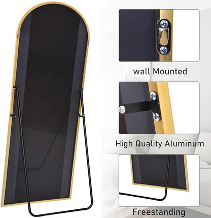 Floor Length Mirror, 81"x41" Arch Full Length Mirrors Full Length Hanging or Leaning with Stand, Wall Mounted Mirrors, Arched-Top Body Mirror with Aluminum Frame for Bedroom (Gold)