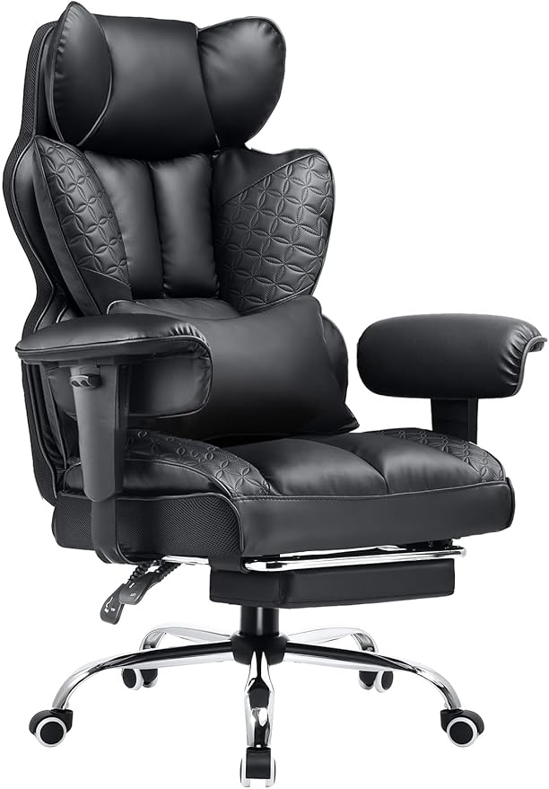 COMHOMA Big and Tall Office Chair 400LBS Wide Ergonomic Gaming Chair with Deluxe Embossing Designed Leather with Foot Rest,150°Reclining Adjustable Armrests Pocket Spring Back Support and Pillow