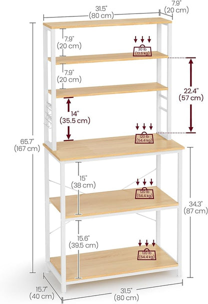 VASAGLE Coffee Bar, 31.5 Inches Baker's Rack for Kitchen with Storage, 6-Tier Kitchen Shelves with 6 Hooks, Microwave Stand, Industrial, Oak Colour and White UKKS019W09