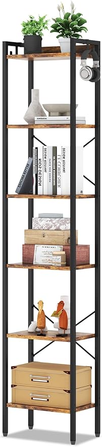 5 Tier Bookshelf, Bookcase with 5 Shelves, Storage Rack Organizer, Corner Wood Storage Shelf with Metal Frame for Bedroom, Living Room (Rustic Brown)