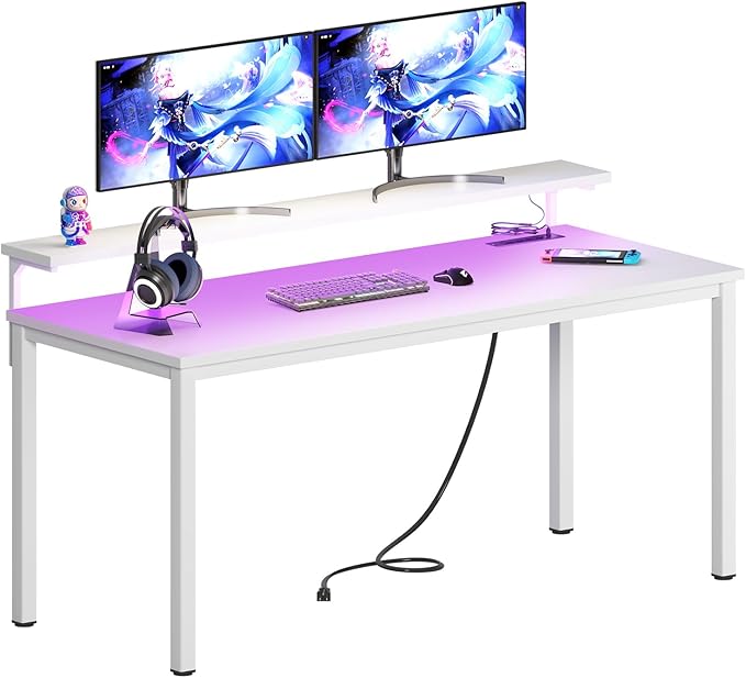 DlandHome Computer Desk 60” with LED Lights &Power Outlets, Writing Desk with Monitor Stand, Work Study Desk for Home Office, White
