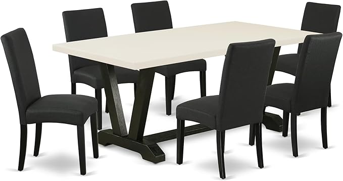 East West Furniture V627DR124-7 7 Piece Modern Dining Table Set Consist of a Rectangle Wooden Table with V-Legs and 6 Black Color Linen Fabric Parsons Dining Chairs, 40x72 Inch, Multi-Color
