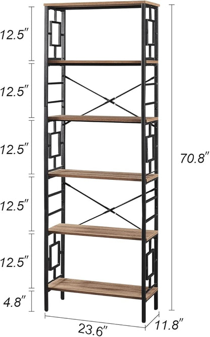 HOMISSUE Bookcase,6-Tier Tall Bookshelf Metal Bookcase and Bookshelves, Free Standing Storage Modern Bookshelf for Home Office Living Room and Bedroom, Rustic Brown
