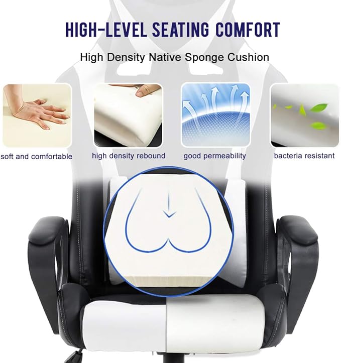 BestOffice High-Back Gaming Chair PC Office Chair Computer Racing Chair PU Desk Task Chair Ergonomic Executive Swivel Rolling Chair with Lumbar Support for Back Pain Women, Men,White