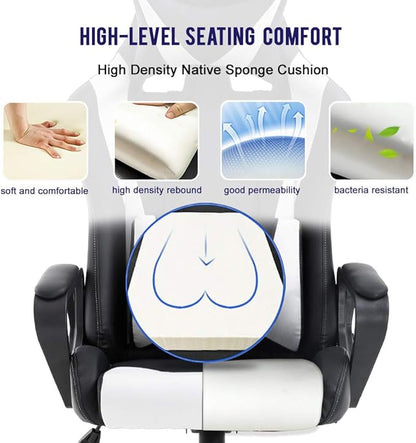BestOffice High-Back Gaming Chair PC Office Chair Computer Racing Chair PU Desk Task Chair Ergonomic Executive Swivel Rolling Chair with Lumbar Support for Back Pain Women, Men,White