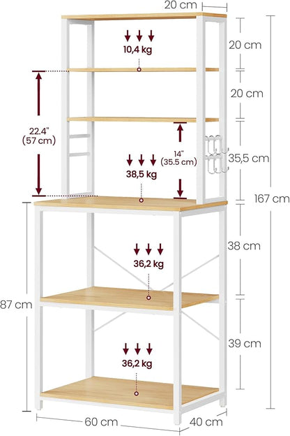 VASAGLE Coffee Bar, Baker’s Rack for Kitchen with Storage, 6-Tier Kitchen Shelves with 6 Hooks, Microwave Stand, Industrial, 15.7 x 23.6 x 65.7 Inches, Oak Color and White UKKS024W09