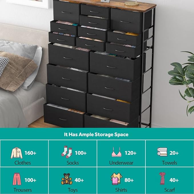 Dresser for Bedroom with 18 Drawers, Tall Fabric Storage Dresser, Chest of Drawers for Closet, Nursery, Bedside, Living Room, Laundry, Entryway, Hallway (Black)