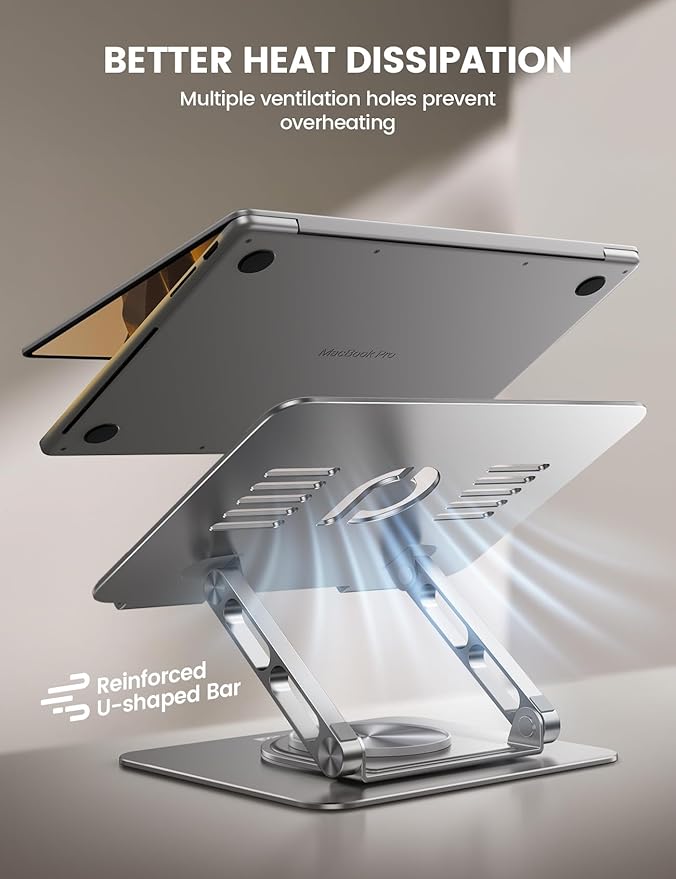 Lamicall Adjustable Laptop Stand for Desk - 360 Rotating Base Ergonomic Computer Stand, Aluminum Laptop Riser Foldable Protable for Office Home fits MacBook Air Pro, Dell, HP (10-17.3'') -Sliver