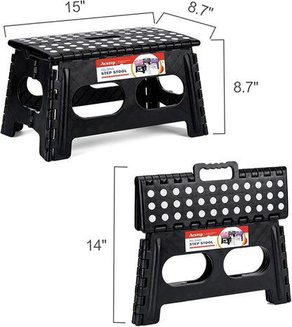 ACSTEP Folding Step Stool,15-Inch Extra Wide 9Inch Height Heavy Duty Stepping Stool More Safe and Comfortable Non Slip Foldable Step Stool for Kids and Adults Black