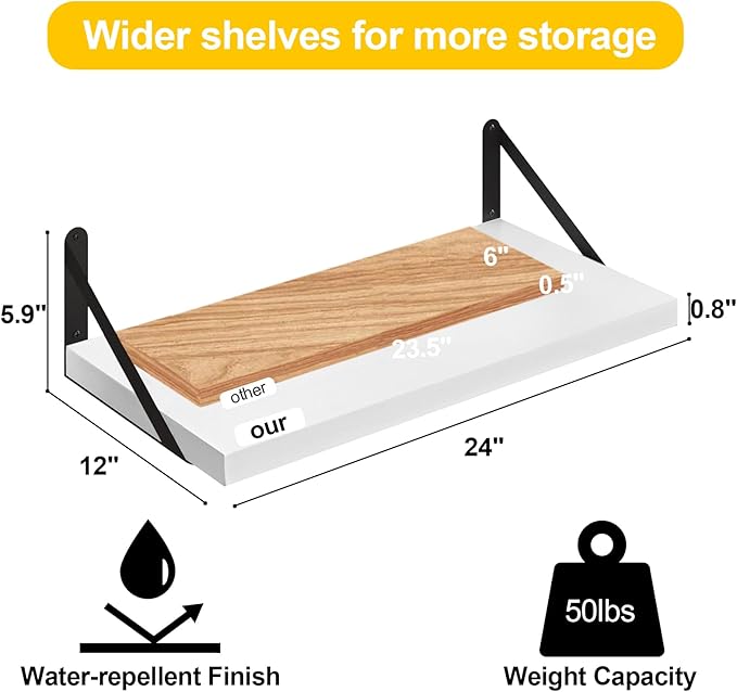 SAUMONIER Floating Shelves Bookshelf for Bedroom Bathroom Living Room Wood Wall Mounted Wide Deep Storage, White Painted 24 Inch Shelves Set of 2