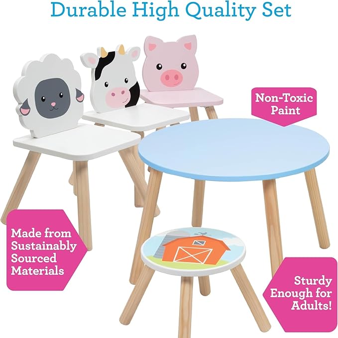 Kids Wooden Animal Table & Chair Set w 4 Seats- Cow Pig Sheep Plus Adult Stool for Arts Crafts, Dining, Pretend Play- Durable Playroom Furniture for Home, Daycare Classroom- Toddler Children Gift