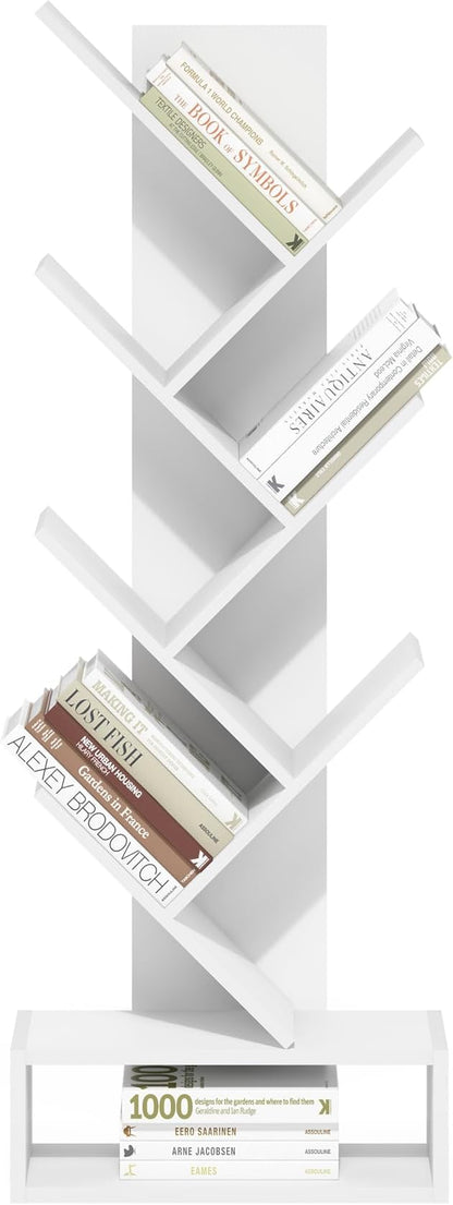 Furinno Tree Bookshelf 7-Tier Floor Standing Tree Bookcase with Bottom Shelf, White