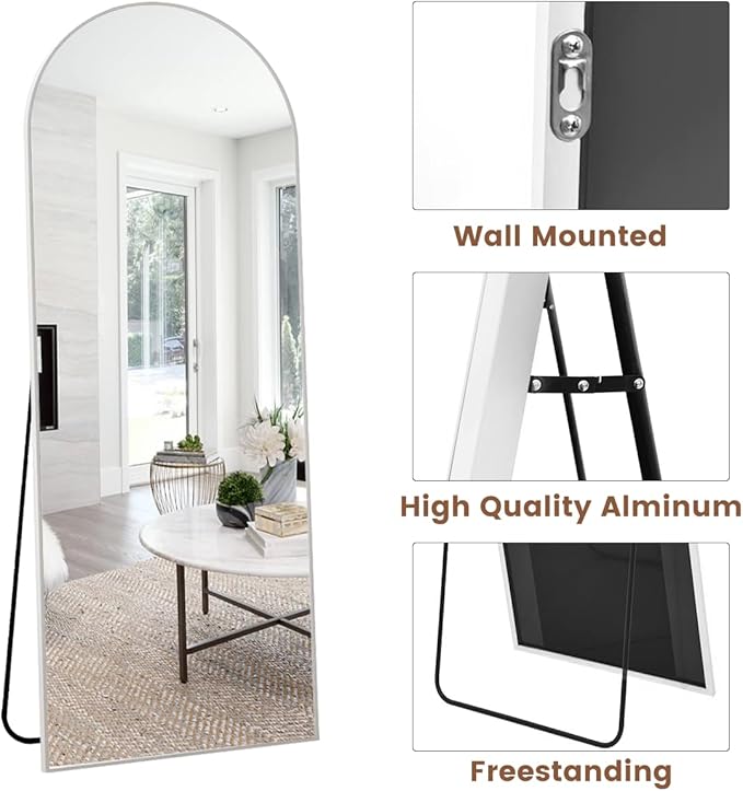 Arched Floor Mirror, 56"x20" Full Length Mirror, Standing Mirror Hanging or Leaning, Body Mirrors with Stand, Wall Mounted Mirror, Arched-Top Mirrors with Aluminum Frame for Bedroom (White)