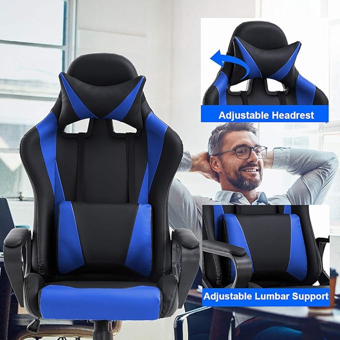 BestOffice High-Back Gaming Chair PC Office Chair Computer Racing Chair PU Desk Task Chair Ergonomic Executive Swivel Rolling Chair with Lumbar Support for Back Pain Women, Men,Blue